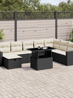 vidaXL 9-delige Loungeset met kussens poly rattan zwart