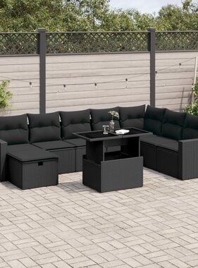 vidaXL 9-delige Loungeset met kussens poly rattan zwart