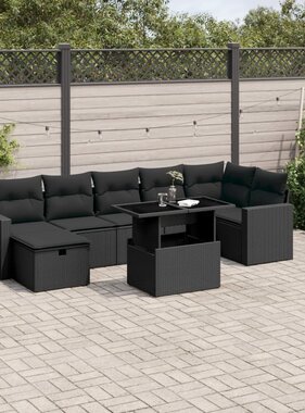 vidaXL 8-delige Loungeset met kussens poly rattan zwart