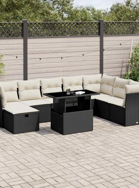 vidaXL 9-delige Loungeset met kussens poly rattan zwart