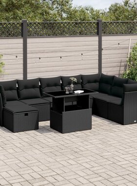 vidaXL 9-delige Loungeset met kussens poly rattan zwart