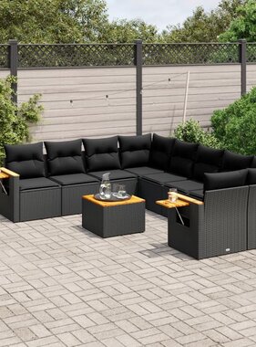 vidaXL 9-delige Loungeset met kussens poly rattan zwart