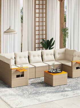 vidaXL 8-delige Loungeset met kussens poly rattan beige