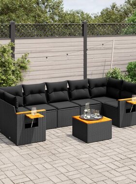 vidaXL 8-delige Loungeset met kussens poly rattan zwart