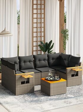 vidaXL 7-delige Loungeset met kussens poly rattan grijs