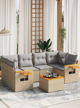 vidaXL 7-delige Loungeset met kussens poly rattan beige