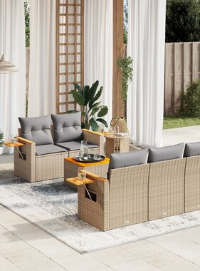 vidaXL 6-delige Loungeset met kussens poly rattan beige