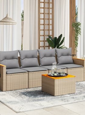 vidaXL 5-delige Loungeset met kussens poly rattan beige