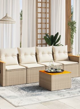 vidaXL 5-delige Loungeset met kussens poly rattan beige