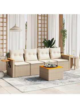 vidaXL 5-delige Loungeset met kussens poly rattan beige