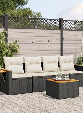 vidaXL 5-delige Loungeset met kussens poly rattan zwart