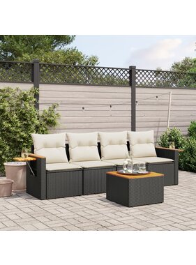 vidaXL 5-delige Loungeset met kussens poly rattan zwart