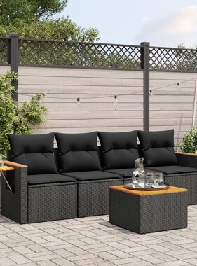 vidaXL 5-delige Loungeset met kussens poly rattan zwart