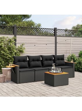 vidaXL 5-delige Loungeset met kussens poly rattan zwart