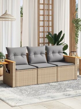 vidaXL 3-delige Loungeset met kussens poly rattan beige