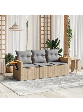 vidaXL 3-delige Loungeset met kussens poly rattan beige