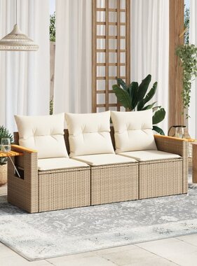 vidaXL 3-delige Loungeset met kussens poly rattan beige