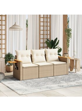 vidaXL 3-delige Loungeset met kussens poly rattan beige