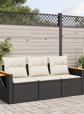 vidaXL 3-delige Loungeset met kussens poly rattan zwart