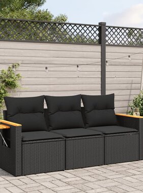 vidaXL 3-delige Loungeset met kussens poly rattan zwart