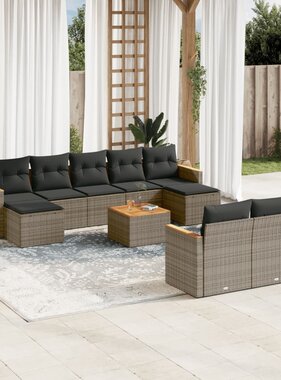 vidaXL 10-delige Loungeset met kussens poly rattan grijs