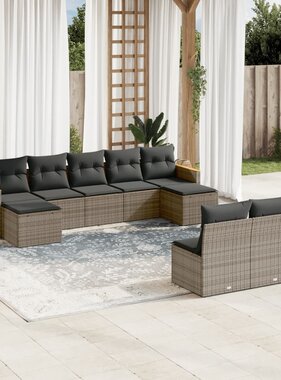 vidaXL 9-delige Loungeset met kussens poly rattan grijs