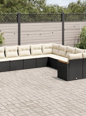 vidaXL 10-delige Loungeset met kussens poly rattan zwart