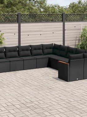 vidaXL 10-delige Loungeset met kussens poly rattan zwart