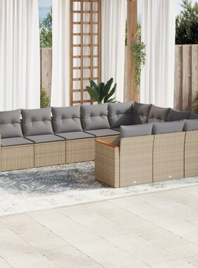 vidaXL 10-delige Loungeset met kussens poly rattan beige