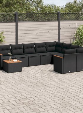 vidaXL 10-delige Loungeset met kussens poly rattan zwart