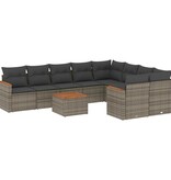 vidaXL 10-delige Loungeset met kussens poly rattan grijs