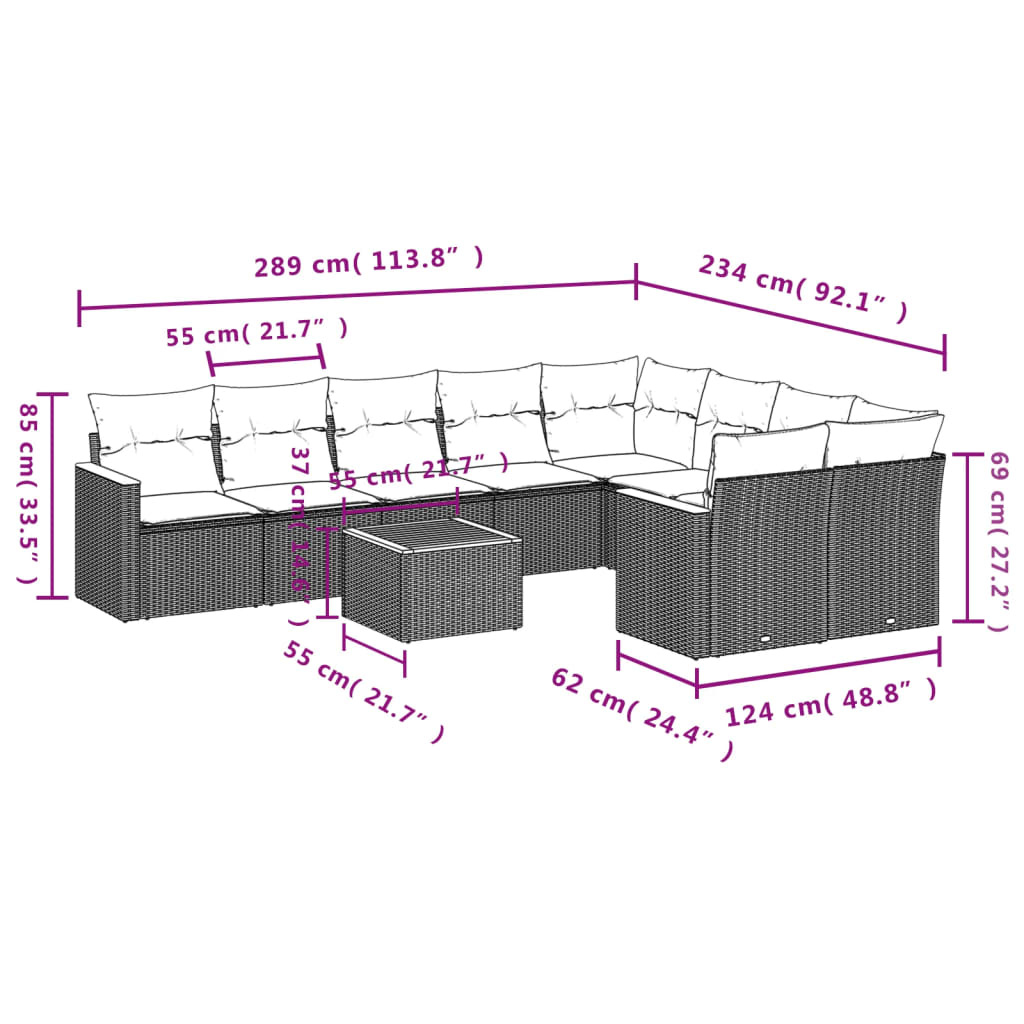 vidaXL 10-delige Loungeset met kussens poly rattan grijs