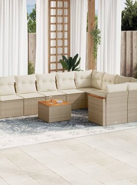 vidaXL 10-delige Loungeset met kussens poly rattan beige