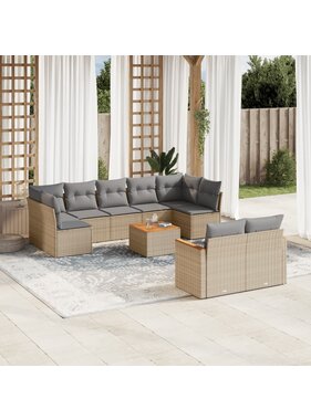 vidaXL 10-delige Loungeset met kussens poly rattan beige