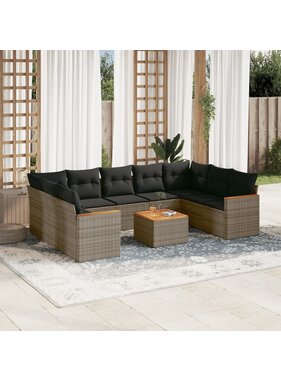 vidaXL 10-delige Loungeset met kussens poly rattan grijs