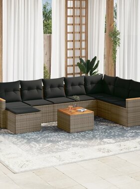 vidaXL 9-delige Loungeset met kussens poly rattan grijs