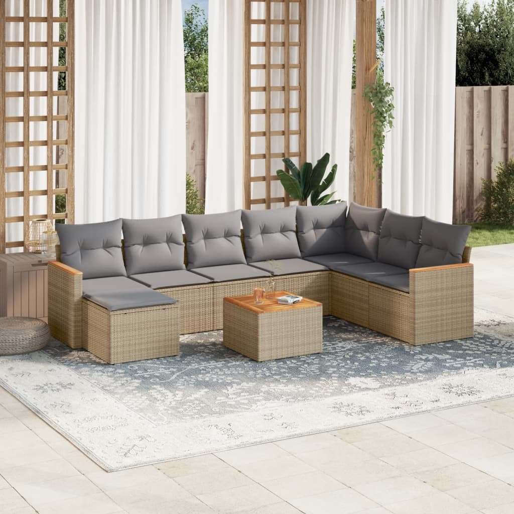 vidaXL 9-delige Loungeset met kussens poly rattan beige