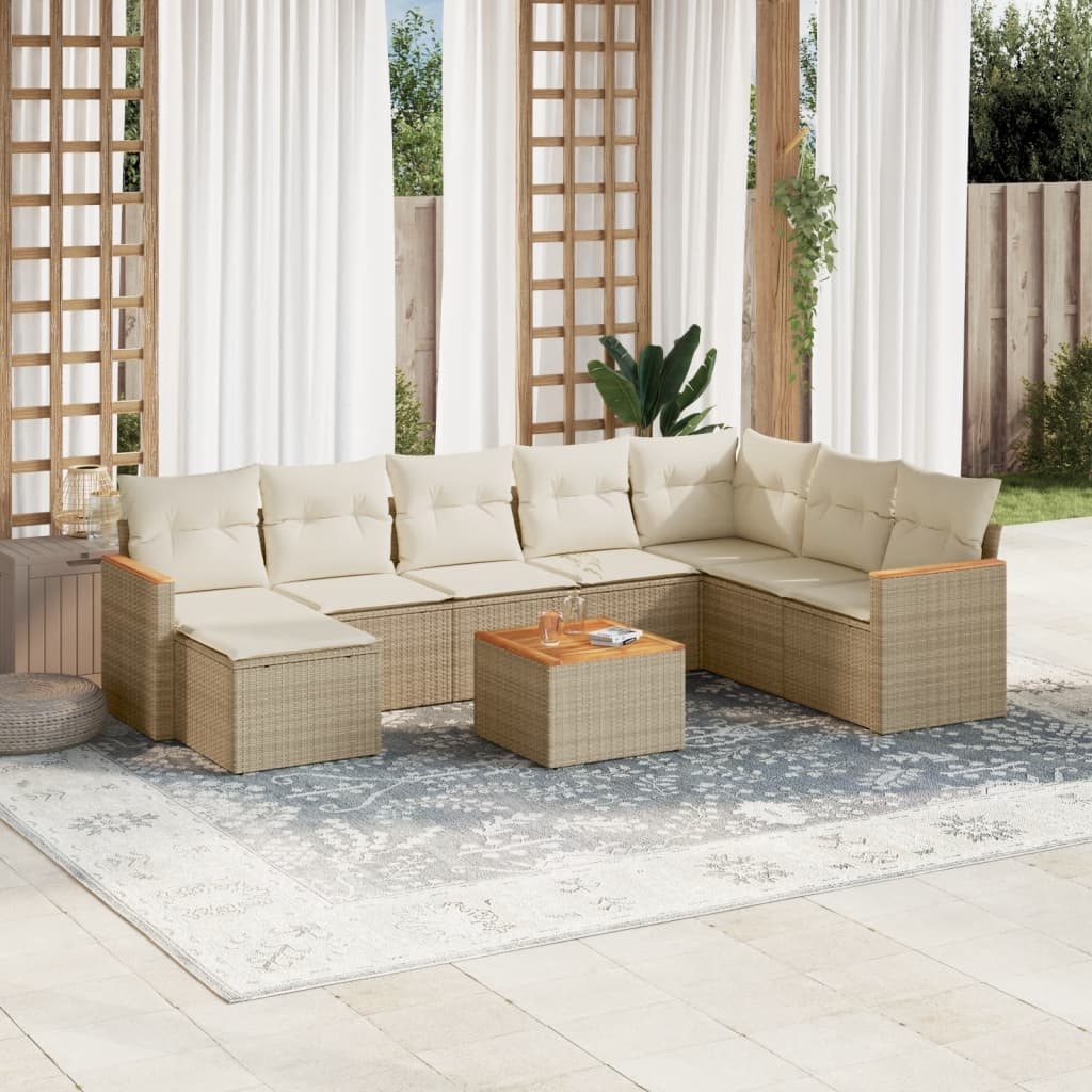 vidaXL 9-delige Loungeset met kussens poly rattan beige