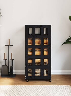 VidaXL Houtblokhouder met wielen 40x49x110 cm massief grenenhout zwart