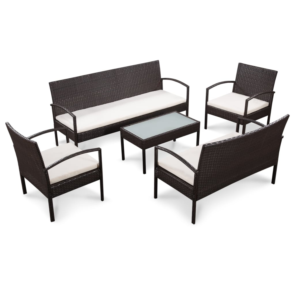 VidaXL 5-delige Loungeset met kussens poly rattan bruin