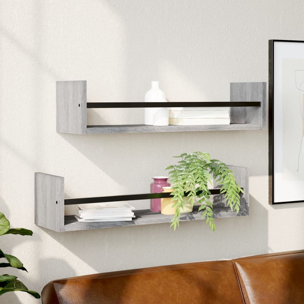 VidaXL Wandschappen met stangen 2 st 60x16x14 cm grijs sonoma
