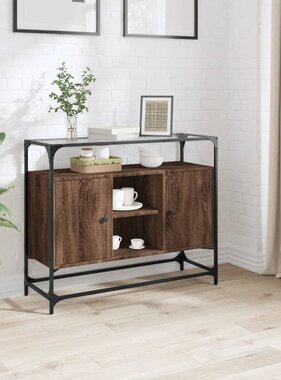 VidaXL Dressoir met glazen blad 98x35x81 cm hout bruin eikenkleurig