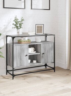 VidaXL Dressoir met glazen blad 98x35x81 cm bewerkt hout grijs sonoma