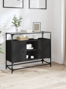 VidaXL Dressoir met glazen blad 98x35x81 cm bewerkt hout zwart