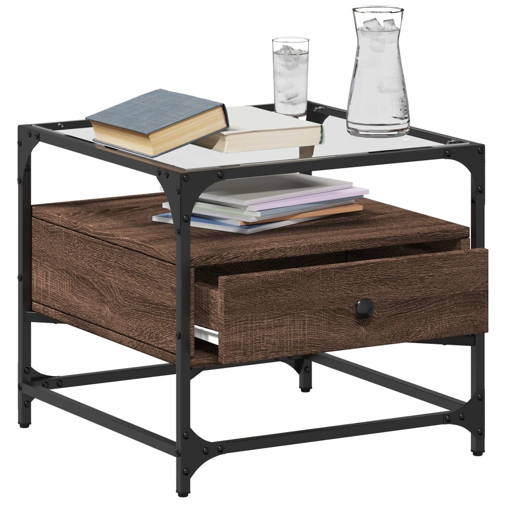 VidaXL Salontafel met glazen blad 50x50x45 cm bruineiken staal