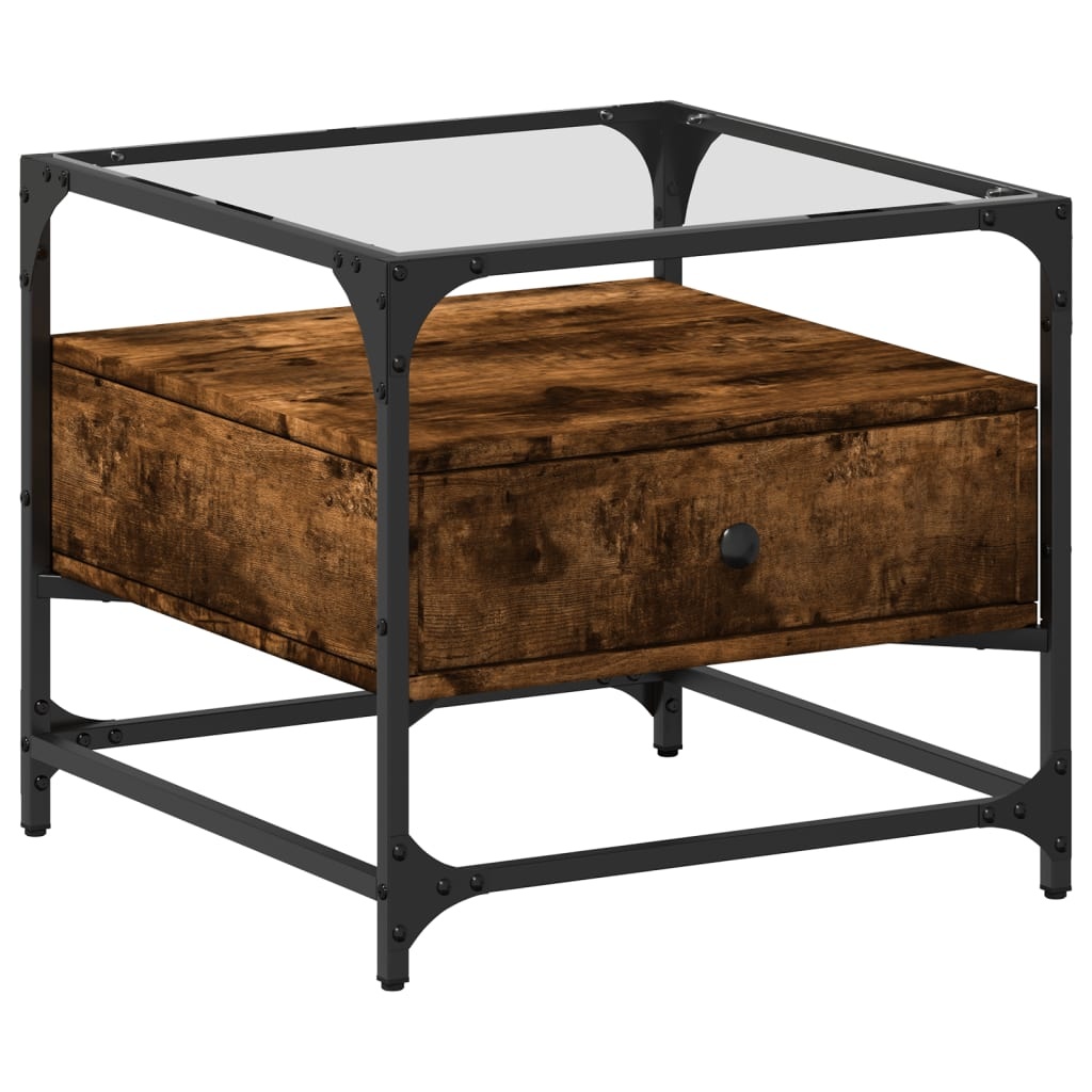 VidaXL Salontafel met glazen blad 50x50x45 cm gerookt eiken staal