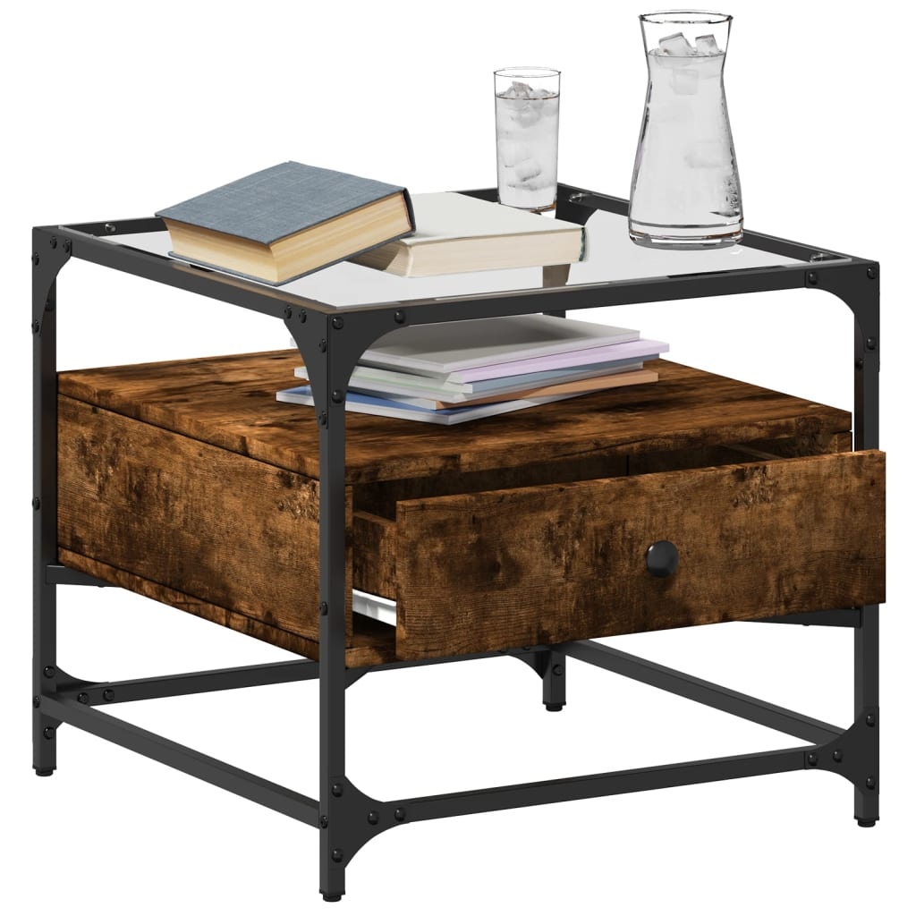 VidaXL Salontafel met glazen blad 50x50x45 cm gerookt eiken staal