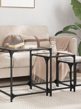 VidaXL 3-delige Tafeltjesset met transparant glazen blad staal