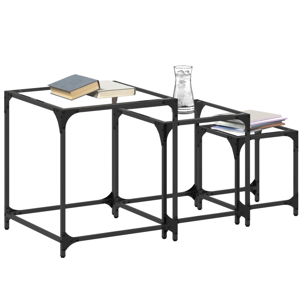 VidaXL 3-delige Tafeltjesset met transparant glazen blad staal