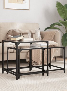 VidaXL 2-delige Tafeltjesset met zwart glazen blad staal